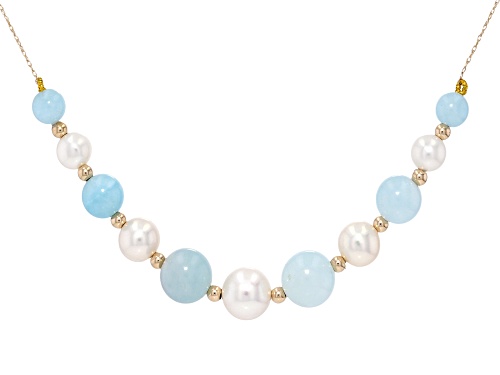 6-10.5mm White Cultured Freshwater Pearl With Aquamarine 14k Yellow Gold 18 Inch Necklace - Size 18