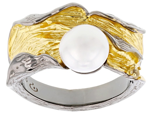 8mm White Cultured Freshwater Pearl 0.06ctw Citrine Rhodium & 18k Gold Over Sterling Silver Ring - Size 8