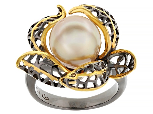 10mm Golden Cultured South Sea Pearl Rhodium & 18k Gold Over Sterling Silver Ring - Size 9