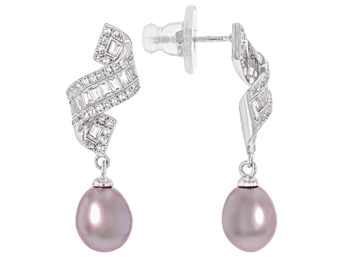 Purple Cultured Freshwater Pearl With White Topaz Rhodium Over Sterling Silver Earrings