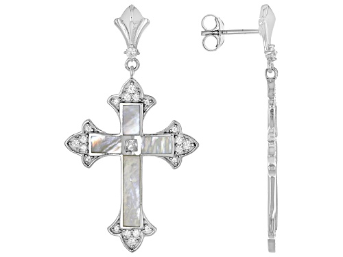 White Mother-of-Pearl With 0.85ctw Zircon Rhodium Over Sterling Silver Earrings