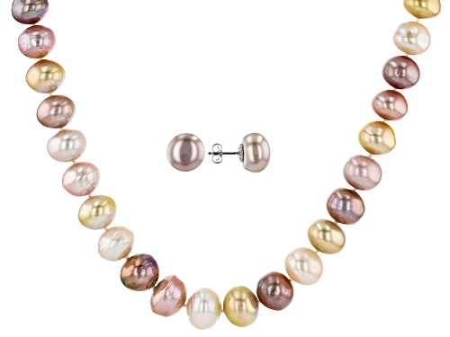 Photo of 10-13mm Multi-Color Cultured Kasumiga Pearl 14k White Gold 20 Inch Necklace And Stud Set