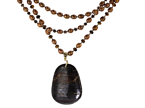 7-7.5mm Cultured Freshwater Pearl, Hematine & Tiger Eye & Iron 18k Yellow Gold Over Silver Necklace - Size 18