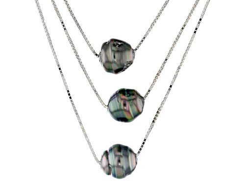9mm Circle Cultured Tahitian Pearl Rhodium Over Sterling Silver 3 Layer 18 Inch Necklace - Size 18