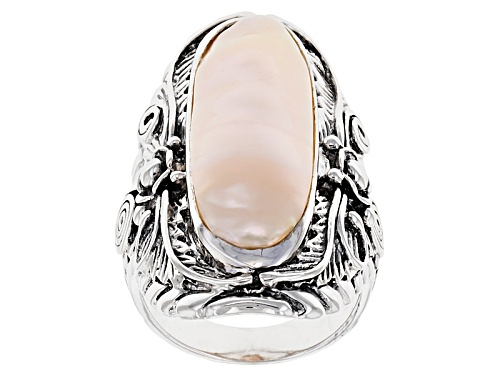 9x28 Mm Natural Peach Cultured Freshwater Pearl Rhodium Over Sterling Silver Oxidized Cocktail Ring - Size 5