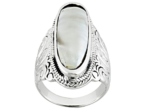 8x28mm Gray Cultured Freshwater Pearl Rhodium Over Sterling Silver Scroll Design Ring - Size 4