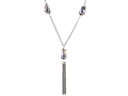 13-14mm Gray Cultured Freshwater Pearl With Bella Luce® Rhodium Over Silver Tassel Necklace - Size 32