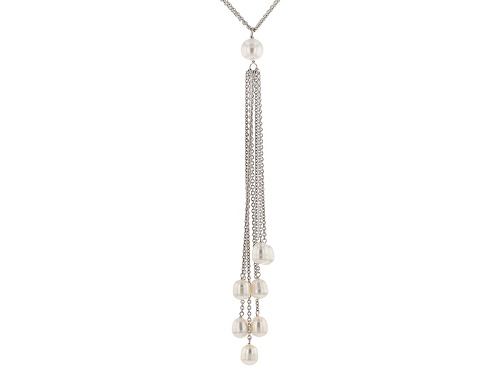 6-9mm Cultured Freshwater Pearl Rhodium Over Sterling Silver Tassel Necklace With Lobster Claw Clasp - Size 28