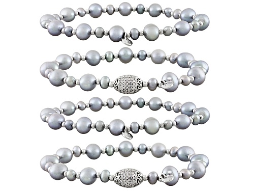 3.5-7mm Cultured Freshwater Pearl With Bella Luce® Rhodium Over Silver Stretch Bracelet Set Of 4