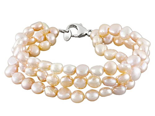 7-8mm Natural Pink Cultured Freshwater Pearl Rhodium Over Sterling Silver Multi-Strand Bracelet - Size 7.5