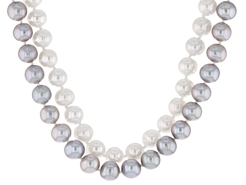 8-9mm Cultured Freshwater Pearl Rhodium Over Sterling Silver Double Strand Necklace - Size 18