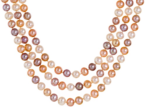 7-7.5mm White, Lavender & Peach Cultured Freshwater Pearl Rhodium Over Silver Three-Strand Necklace - Size 18