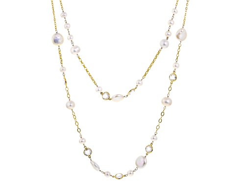 7-14mm White Cultured Freshwater Pearl With Crystal, 18k Yellow Gold Over Sterling Silver Necklace - Size 18