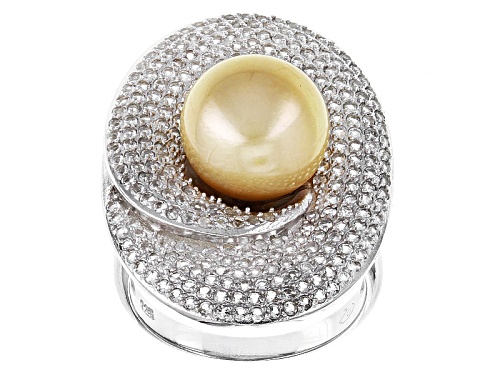 10mm Golden Cultured South Sea Pearl With 2.28ctw White Topaz Rhodium Over Sterling Silver Ring - Size 5