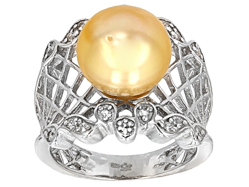 10mm Golden Cultured South Sea Pearl With 0.20ctw White Topaz Rhodium Over Sterling Silver Ring - Size 11