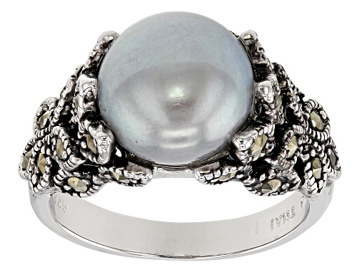 9.5-10mm Silver Cultured Freshwater Pearl With Marcasite Rhodium Over Sterling Silver Ring - Size 7
