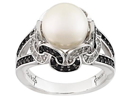 9.5-10mm Cultured Freshwater Pearl With 0.52ctw Spinel, 0.26ctw Zircon Rhodium Over Silver Ring - Size 12