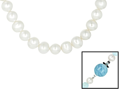 7.5-8.5mm Cultured Freshwater Pearl With Aquamarine Rhodium Over Sterling Silver 18 Inch Necklace - Size 18