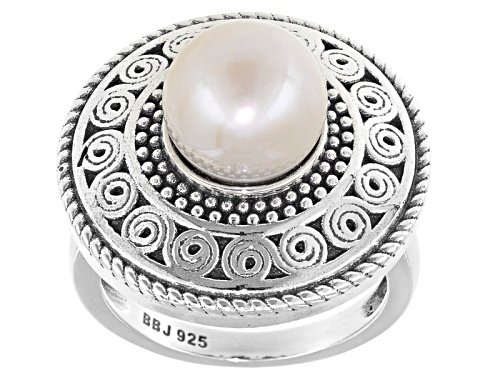 9.5-10mm White Cultured Freshwater Pearl Rhodium Over Sterling Silver Ring - Size 8