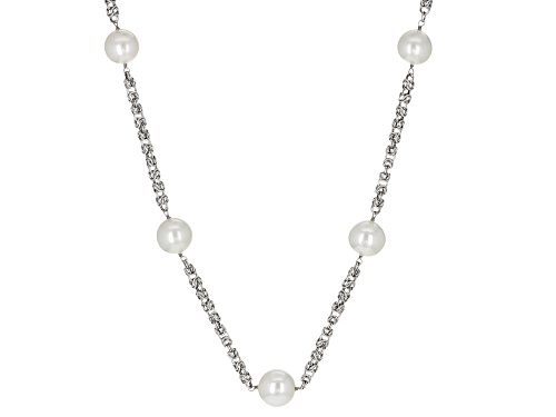 11-13mm White Cultured Freshwater Pearl Rhodium Over Sterling Silver 20 Inch Byzantine Necklace - Size 20