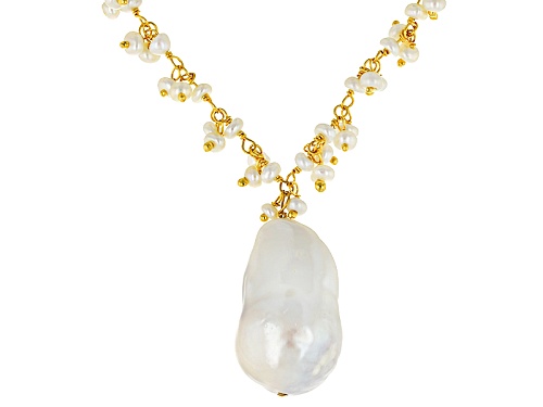 3-15mm White Cultured Freshwater Pearl 18k Yellow Gold Over Sterling Silver 18 Inch Drop Necklace - Size 18