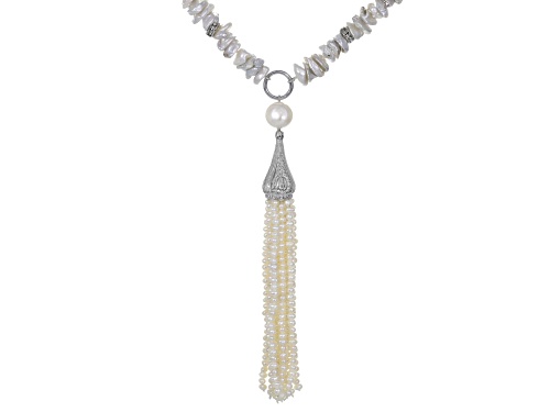 3-13mm Cultured Freshwater Pearl And Diamond Simulant Rhodium Over Silver 34 Inch Tassel Necklace - Size 34