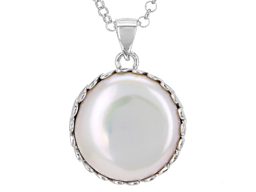 16mm White Cultured Freshwater Pearl Rhodium Over Sterling Silver Pendant With Chain