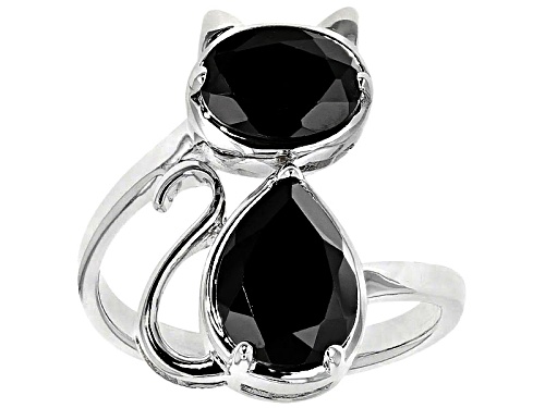 1.33ct Oval And 2.03ct Pear Shape Black Spinel Rhodium Over Sterling Silver Cat Ring - Size 8