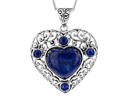19x18mm Heart Shape And 4mm Round Cabochon Lapis Lazuli Sterling Silver Heart Pendant With Chain