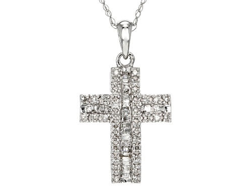.25ctw Round And Baguette White Diamond 10k White Gold Cross Pendant With 18inch Rope Chain