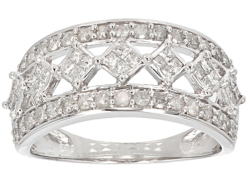 1.00ctw Round And Princess Cut White Diamond 10k White Gold Ring - Size 7