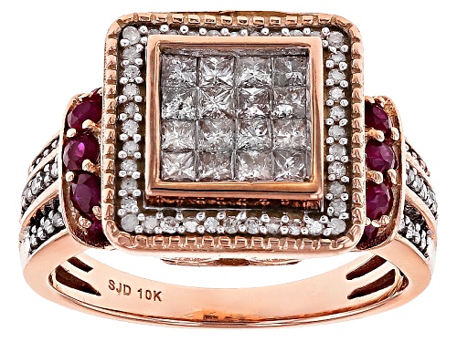 .69ctw White Diamond And .51ctw Red Color Enhanced Burma Ruby 10k Rose Gold Ring - Size 8