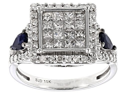1.16ctw Round & Princess Cut White Diamond With .49ctw Pear Shaped Blue Sapphire 10k White Gold Ring - Size 7