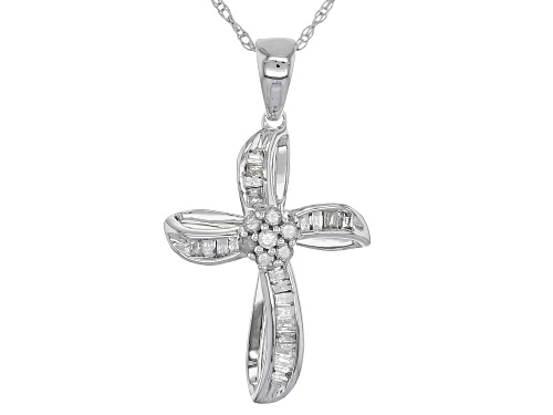 .25ctw Baguette And Round White Diamond 10k White Gold Pendant With An 18inch Rope Chain