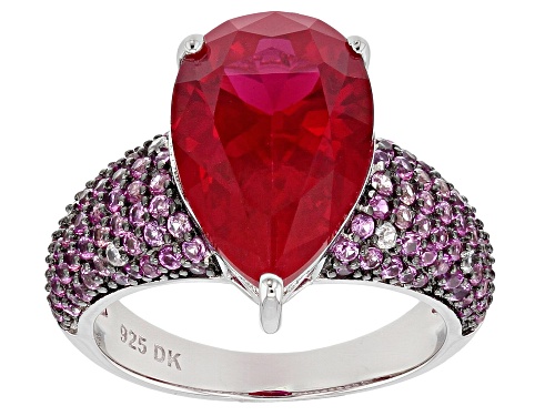 5.68CT LAB RUBY, .84CTW LAB PINK SAPPHIRE & .05CTW WHITE ZIRCON RHODIUM OVER SILVER RING - Size 8