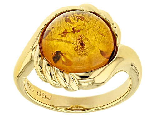 12MM ROUND CABOCHON AMBER 18K YELLOW GOLD OVER SILVER SOLITAIRE RING - Size 7