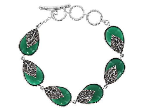 Photo of 20X13MM PEAR SHAPE GREEN ONYX WITH ROUND MARCASITE RHODIUM OVER SILVER LEAF DETAIL BRACELET - Size 7.25