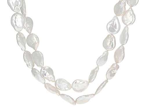 13-14mm White Cultured Freshwater Pearl Rhodium Over Sterling Silver Two-Strand Necklace - Size 22