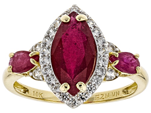 3.28ctw Marquise And Pear Shape Mahaleo® Ruby With .42ctw Round White Zircon 10k Yellow Gold Ring - Size 5