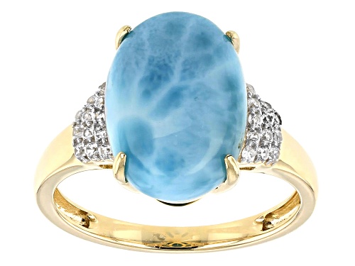 14x10mm Oval Larimar With .21ctw Round White Zircon 10k Yellow Gold Ring - Size 8
