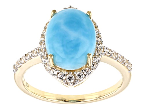 11x9mm Oval Larimar With .52ctw Round White Zircon 10k Yellow Gold Ring - Size 7