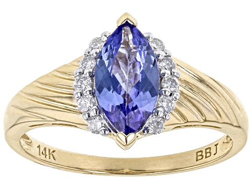 Photo of 0.85ct Marquise Blue Tanzanite With 0.12ctw Round White Diamond 14K Yellow Gold Ring - Size 7