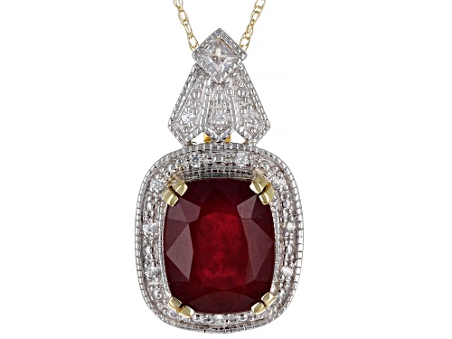 Photo of 3.99ct Mahaleo® Ruby with 0.15ctw Round and Square Zircon 10k Yellow Gold Pendant With Chain
