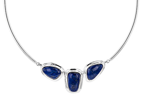 Photo of Fancy Cut Cabochon Lapis Lazuli Sterling Silver 3-Stone Necklace - Size 18