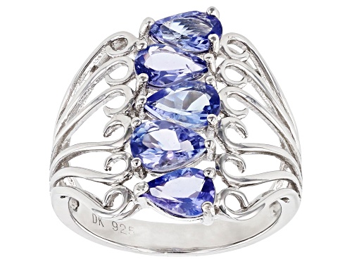 1.70CTW PEAR SHAPE TANZANITE RHODIUM OVER STERLING SILVER 5-STONE RING - Size 7