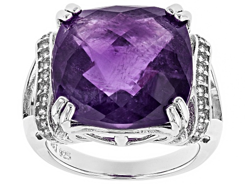15.24CT SQUARE CUSHION AFRICAN AMETHYST WITH .28CTW ROUND WHITE ZIRCON RHODIUM OVER SILVER RING - Size 6