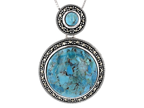 20MM & 5MM ROUND TURQUOISE WITH ROUND MARCASITE RHODIUM OVER SILVER PENDANT W/CHAIN
