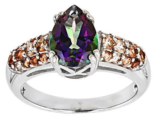 2.00CT PEAR SHAPE GREEN MYSTIC TOPAZ® AND .56CTW ANDALUSITE SILVER RING - Size 8