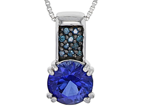 Photo of 2.24CT ROUND LAB CREATED BLUE SAPPHIRE WITH .08CTW ROUND BLUE DIAMOND SILVER PENDANT WITH CHAIN