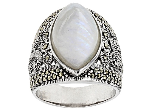 18X10MM MARQUISE RAINBOW MOONSTONE WITH ROUND GRAY MARCASITE STERLING SILVER RING - Size 6